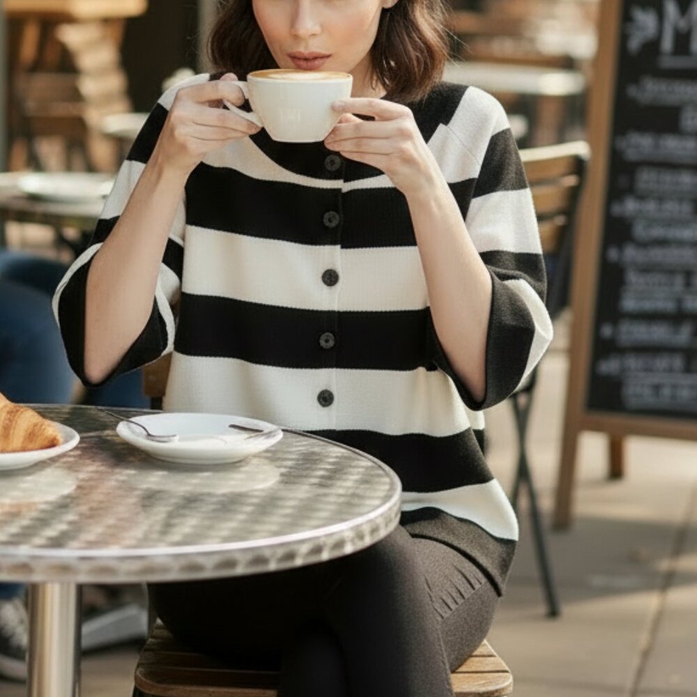 Hannah Black & White Striped Shirt – 70% Cotton, 30% Nylon Large